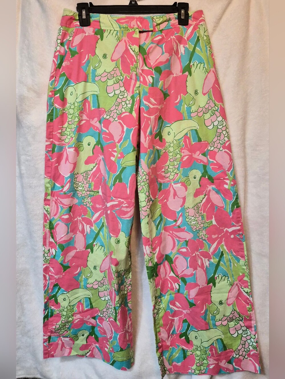 Lilly Pulitzer Parrots in Paradise Pink & Green Wide Leg Pants Women's Size 8